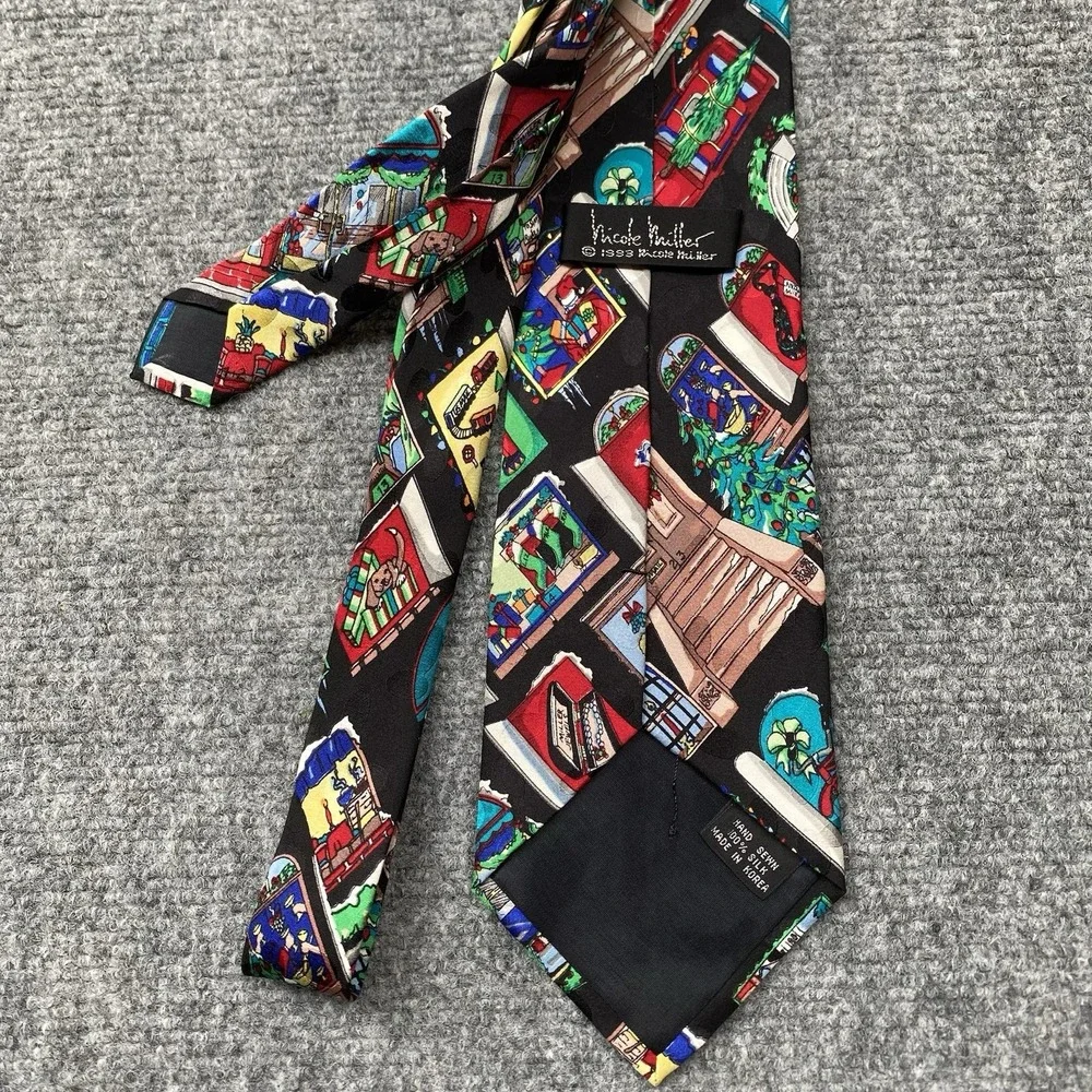 Nicole Miller Vintage 90s Silk Neck Tie Christmas Windows Holiday 1993